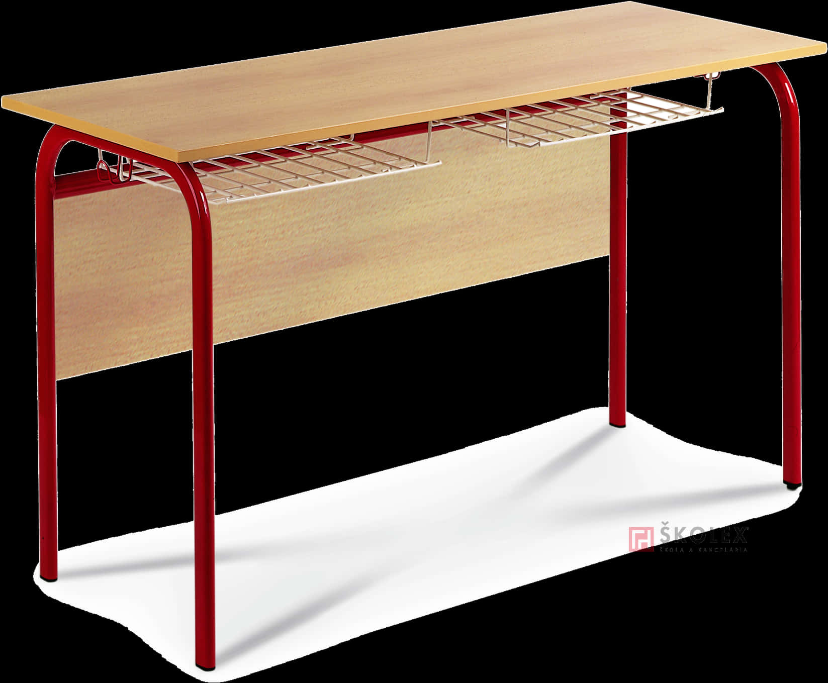 Modern Wooden Deskwith Red Metal Legsand Shelf PNG image