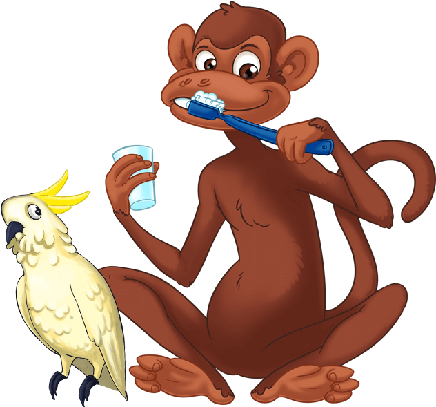 Monkey Brushing Teeth With Cockatoo PNG image