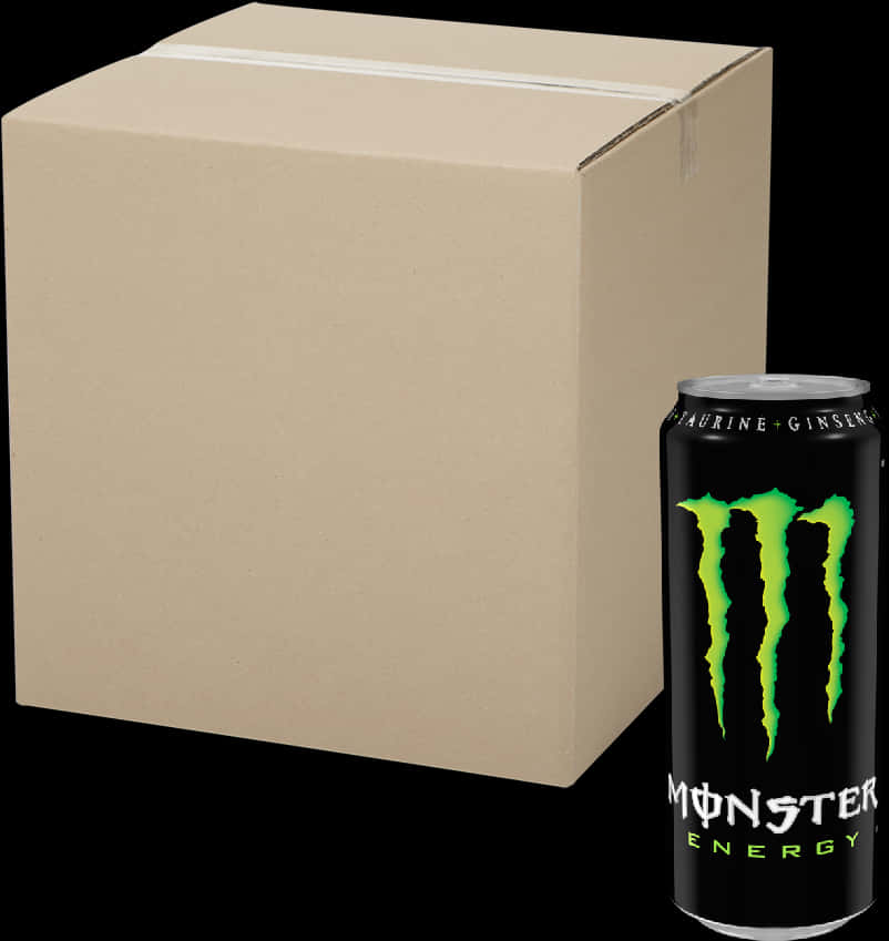 Monster Energy Drink Can Beside Cardboard Box PNG image