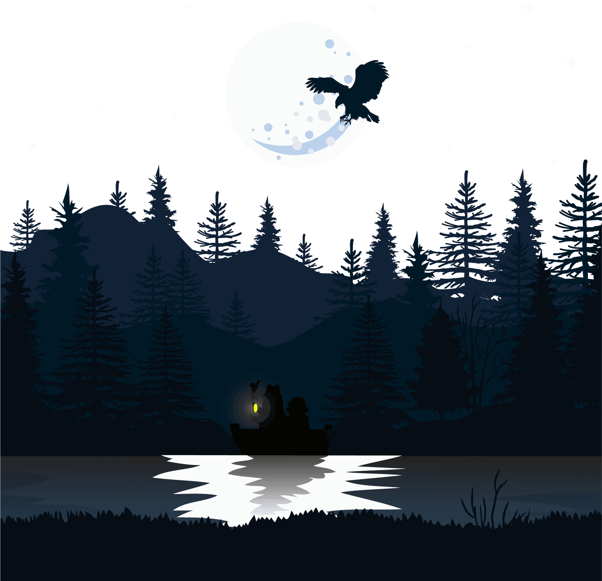 Moonlit Owl Forest Lake Scene PNG image