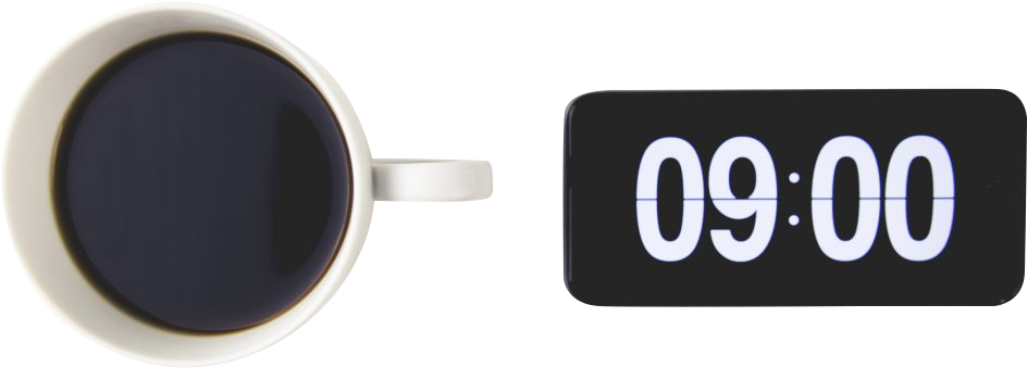 Morning Coffeeand Digital Clock Display PNG image