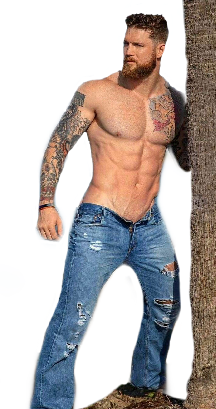 Muscled Tattooed Man Leaning Against Tree PNG image