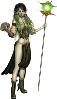 Mystical_ Elf_ Sorceress_with_ Staff_and_ Skull PNG image