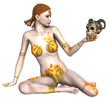 Mystical_ Fire_ Goddess_ Holding_ Skull PNG image