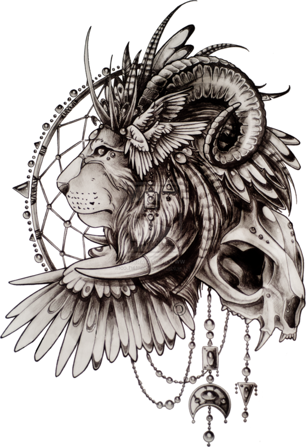 Mystical Lion Dreamcatcher Tattoo Design PNG image