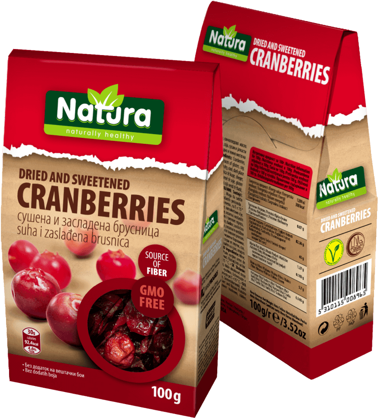 Natura Dried Sweetened Cranberries Packaging PNG image