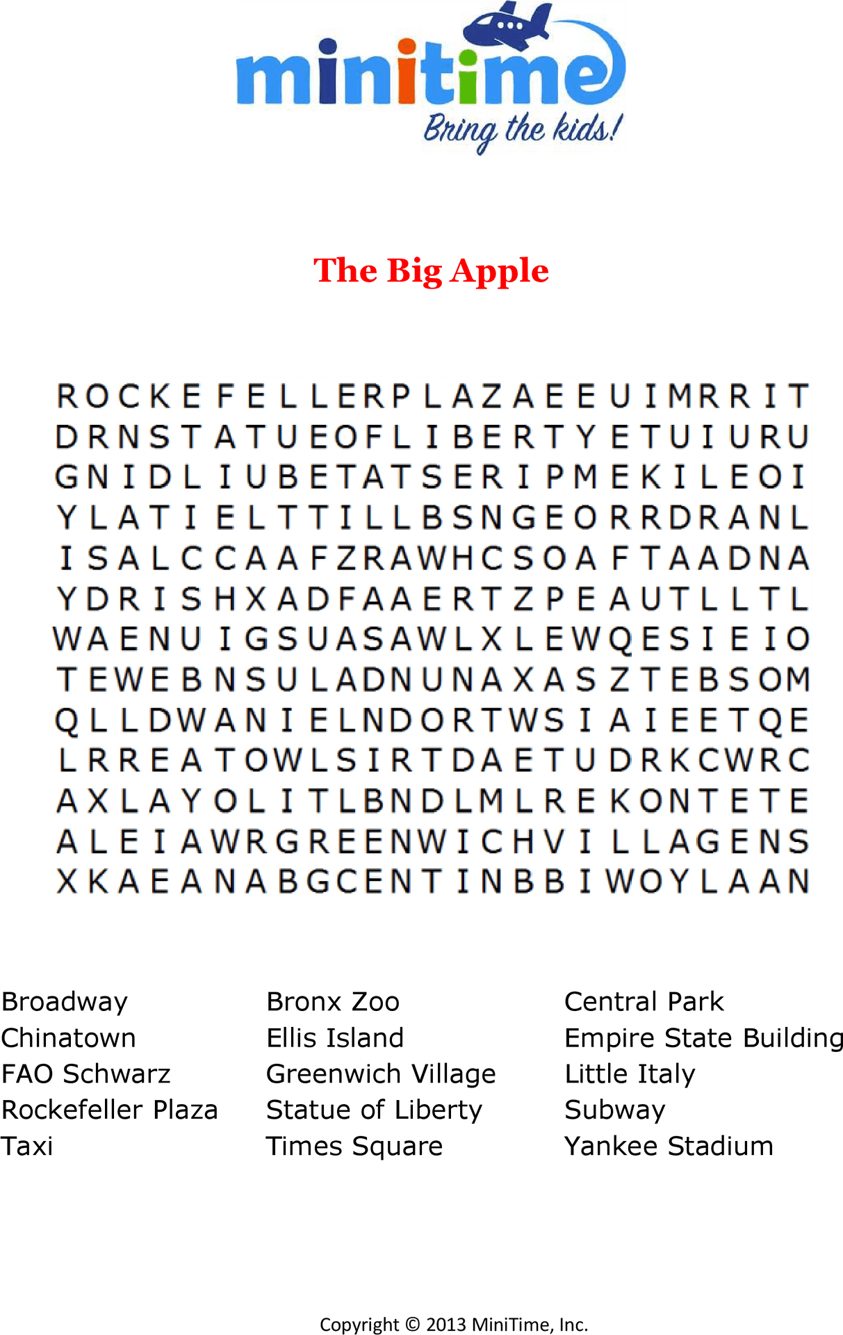 New York City Word Search Puzzle