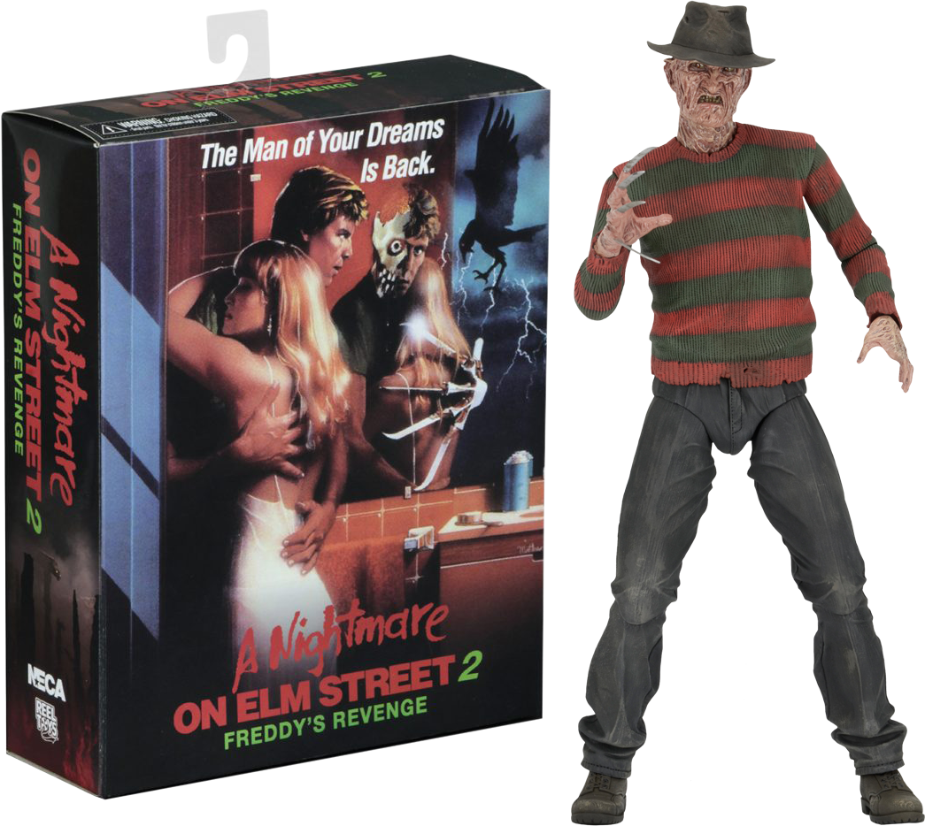 Nightmareon Elm Street2 Freddy Figureand Movie Box PNG image