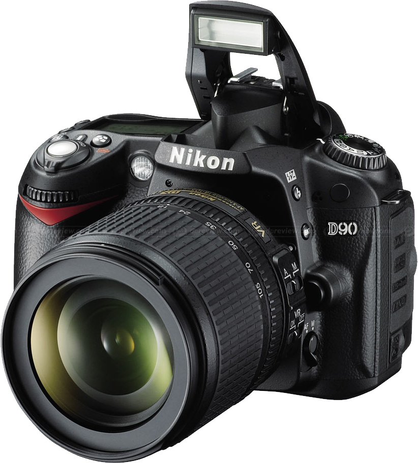 Nikon D90 D S L R Camerawith Flash Up PNG image
