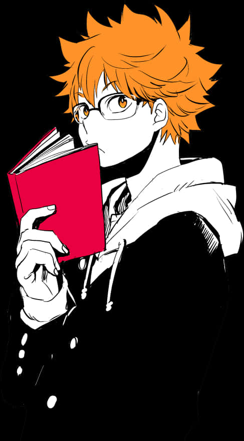 Orange Haired Anime Character Reading Book PNG image