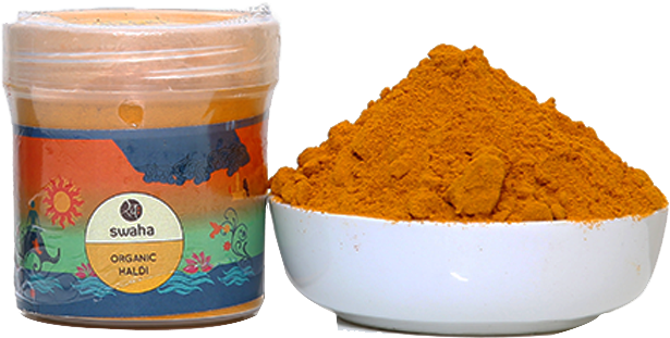 Organic Haldi Powderand Packaging PNG image