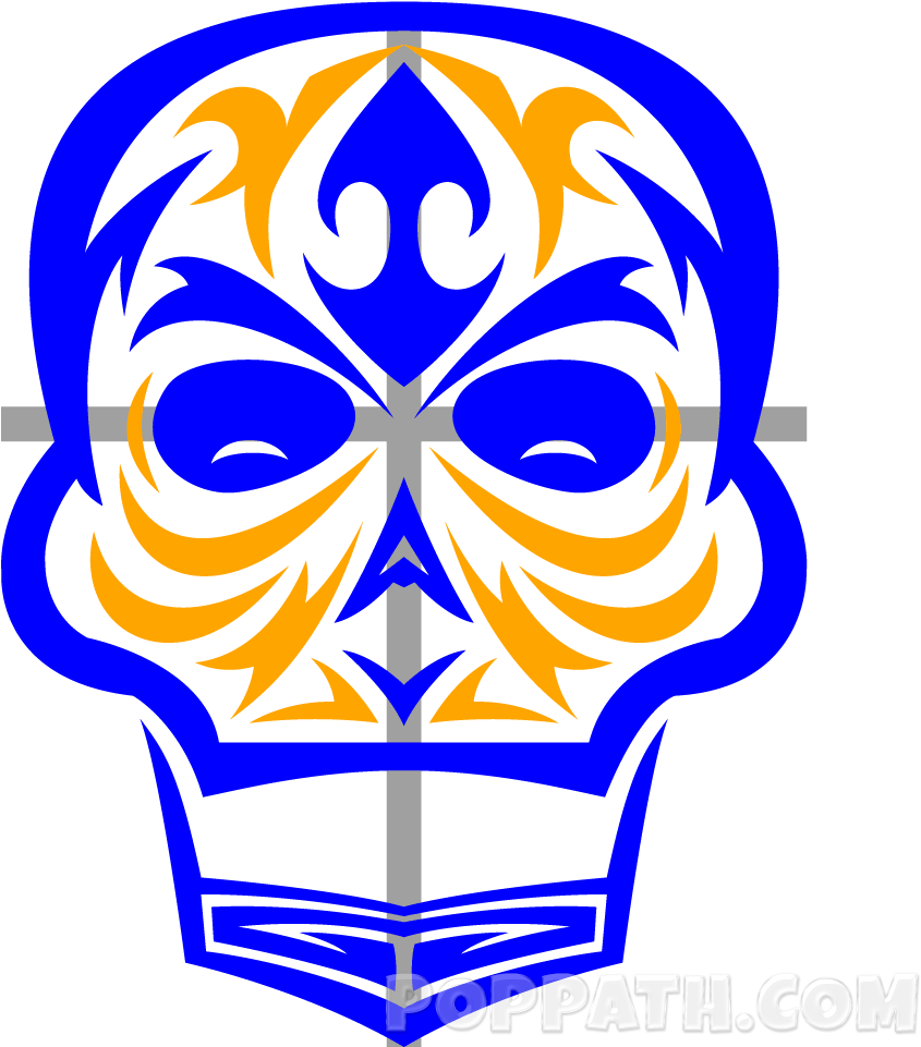 Ornate Blueand Orange Skull Design PNG image