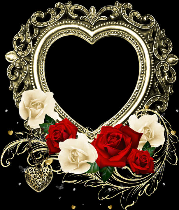 Ornate_ Golden_ Heart_ Frame_with_ Roses PNG image