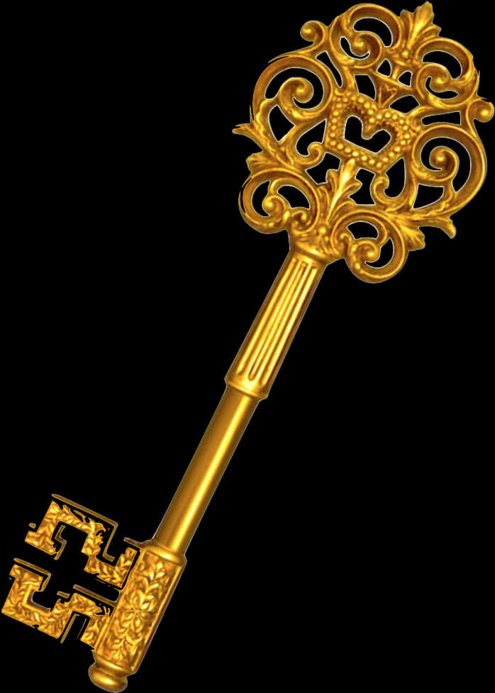 Ornate Golden Key Black Background PNG image