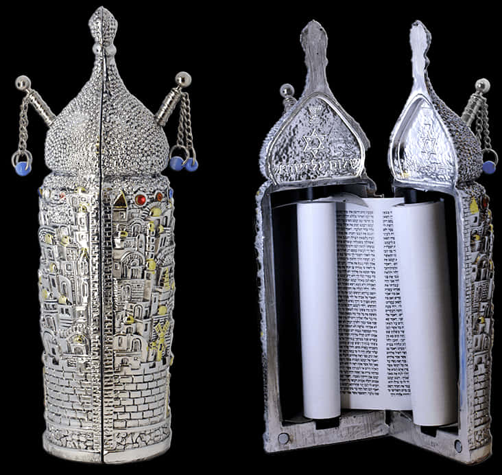 Ornate Silver Torah Scroll Case PNG image