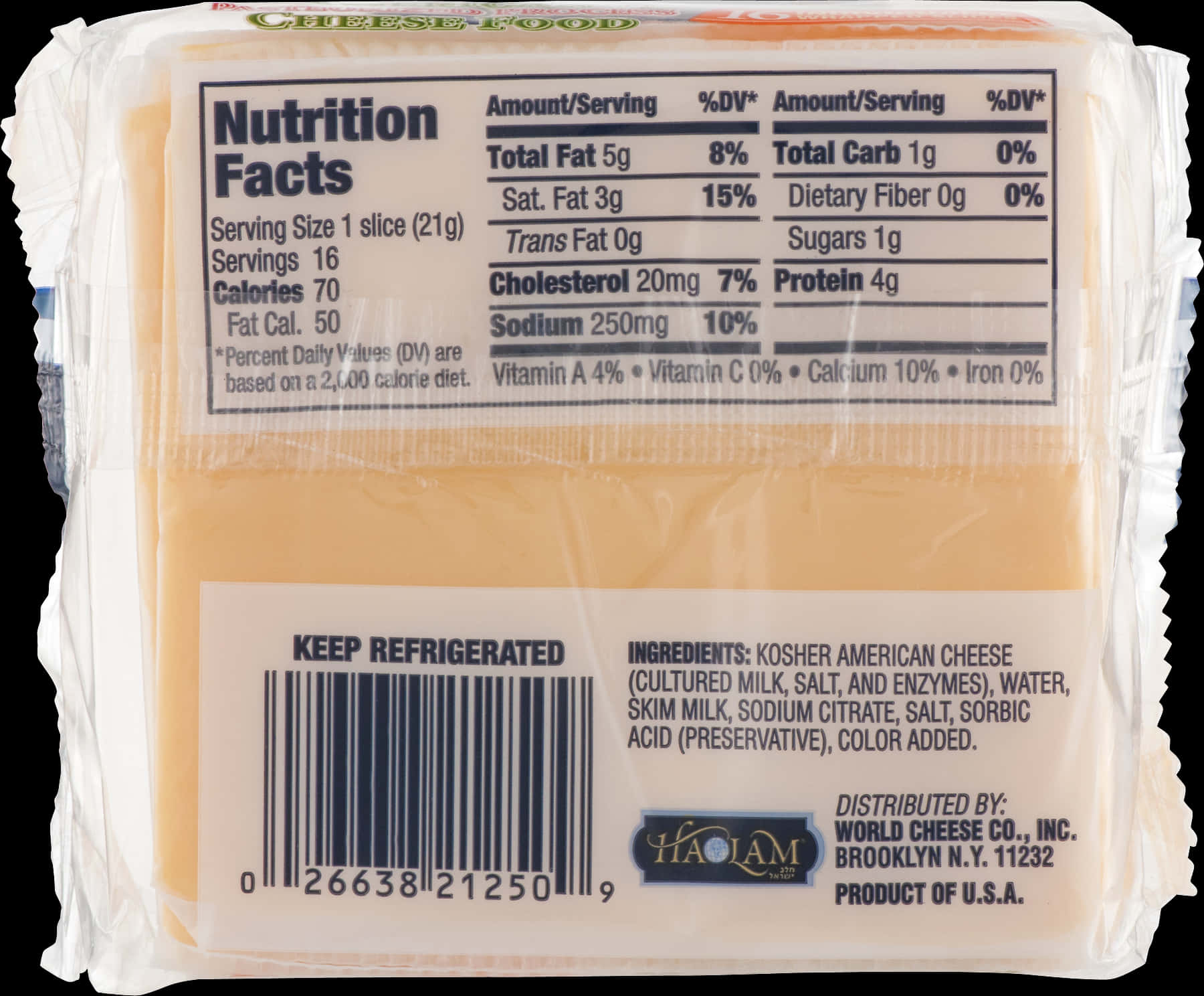 Packaged American Cheese Nutrition Label PNG image