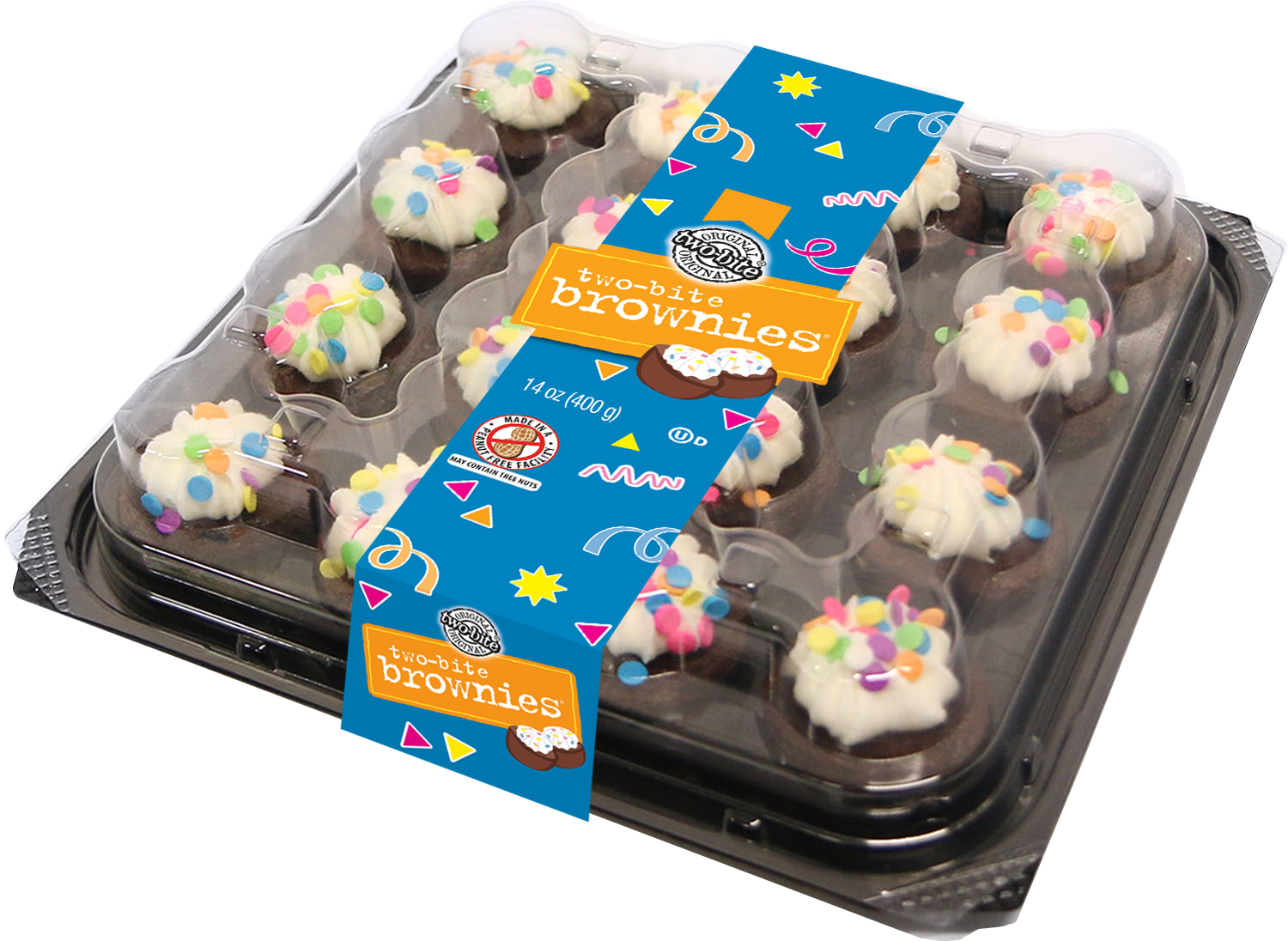 Packaged Two Bite Brownies Decorated With Icing And Sprinkles PNG image