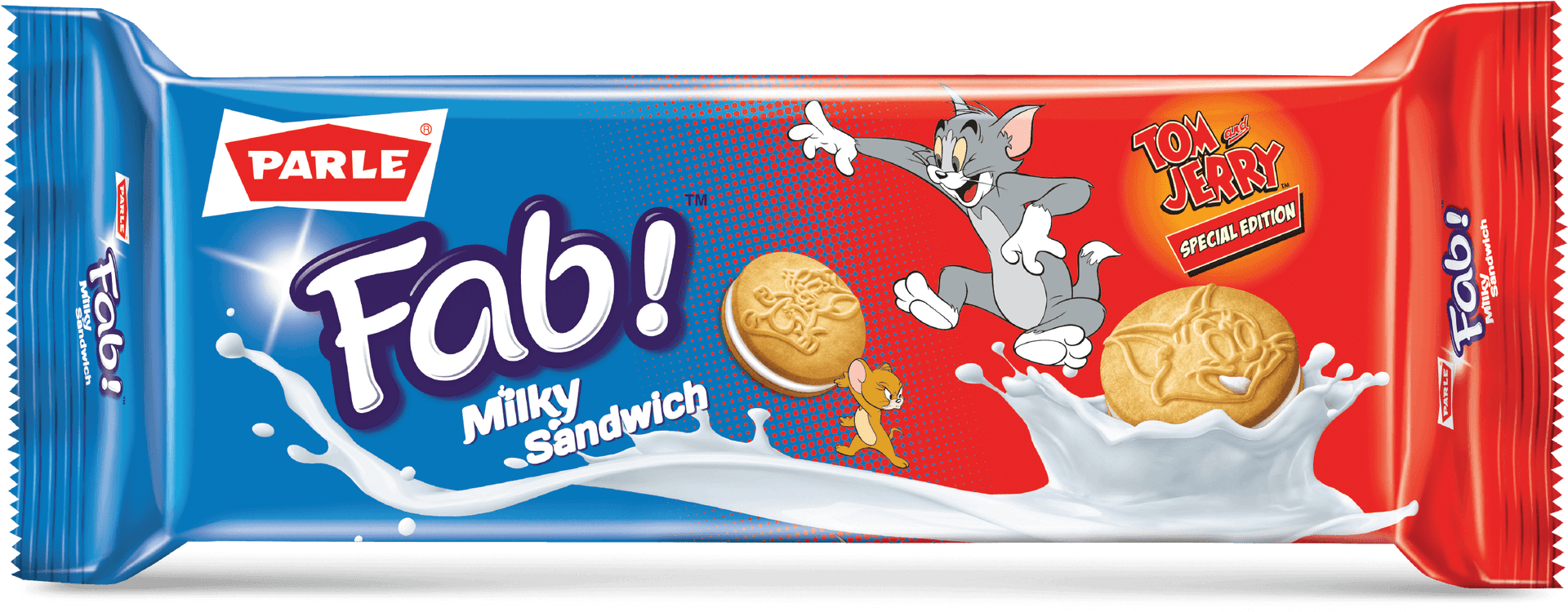 Parle Fab Milky Sandwich Biscuit Pack Tomand Jerry Edition PNG image