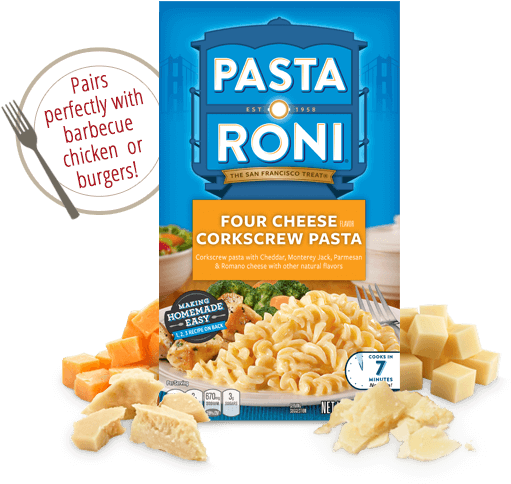 Pasta Roni Four Cheese Corkscrew Pasta Packaging PNG image
