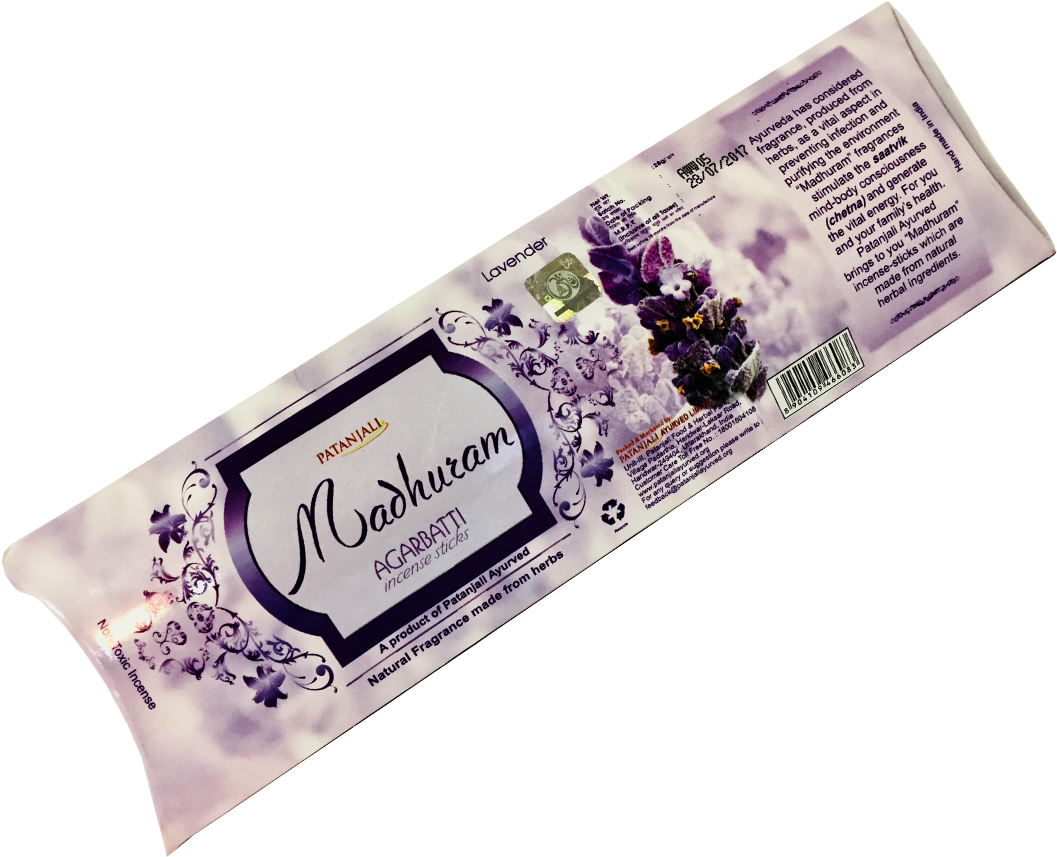 Patanjali Madhuram Agarbatti Lavender Packaging PNG image