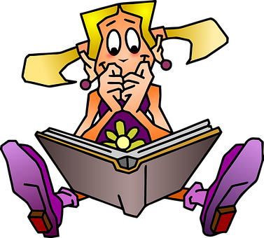 Pensive Cartoon Girl Reading Book PNG image