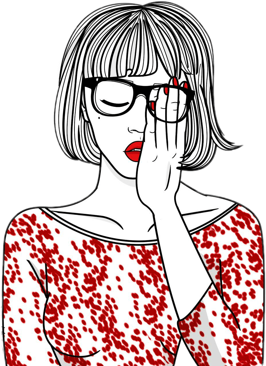 Pensive Girlwith Red Glassesand Leopard Top PNG image