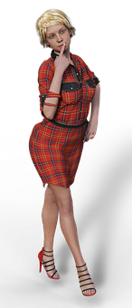 Pensive Womanin Red Plaid Dress PNG image