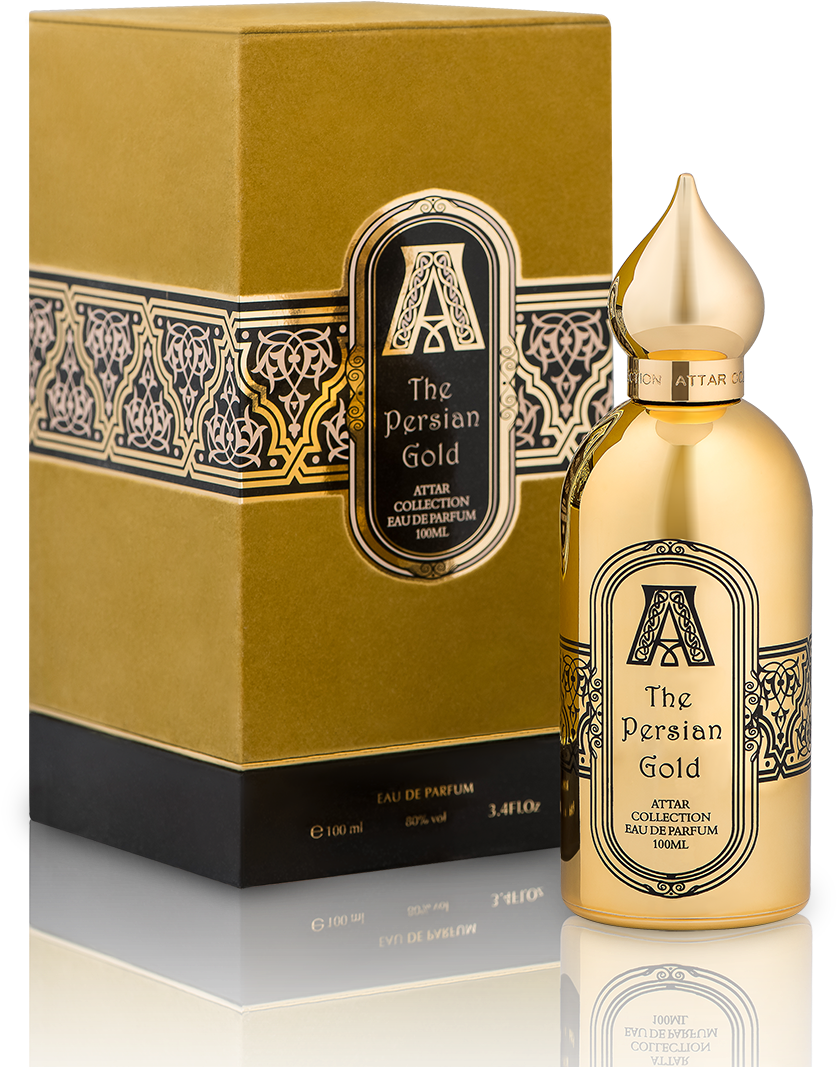 Persian Gold Perfume Bottleand Packaging PNG image