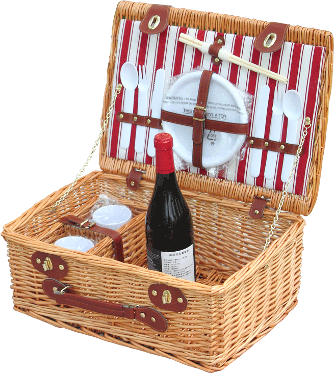 Picnic Basket With Accessoriesand Wine PNG image