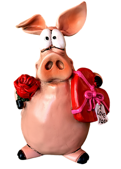 Pig Figurine With Roseand Gift Bag PNG image