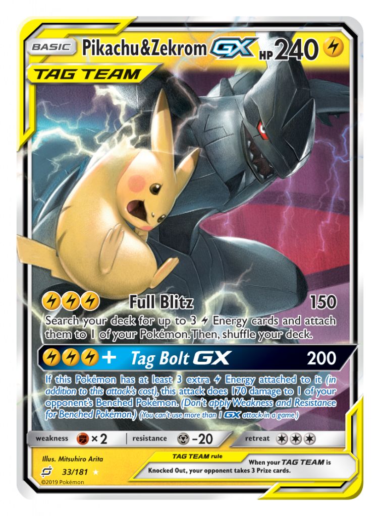 Pikachuand Zekrom G X Tag Team Pokemon Card PNG image