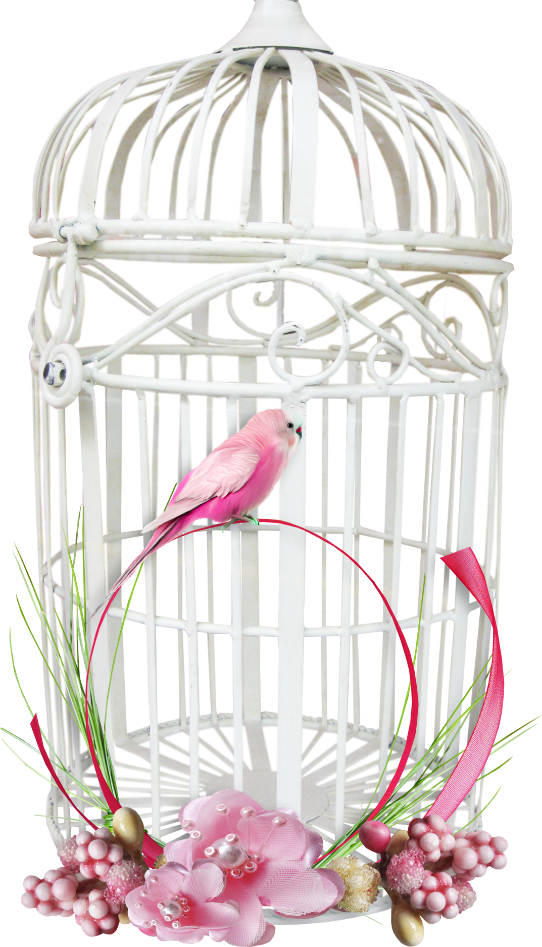 Pink Bird White Cage Floral Decoration.png PNG image