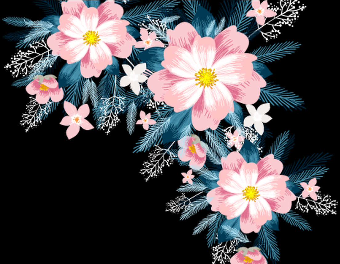 Pink_ Floral_ Arrangement_on_ Black_ Background PNG image