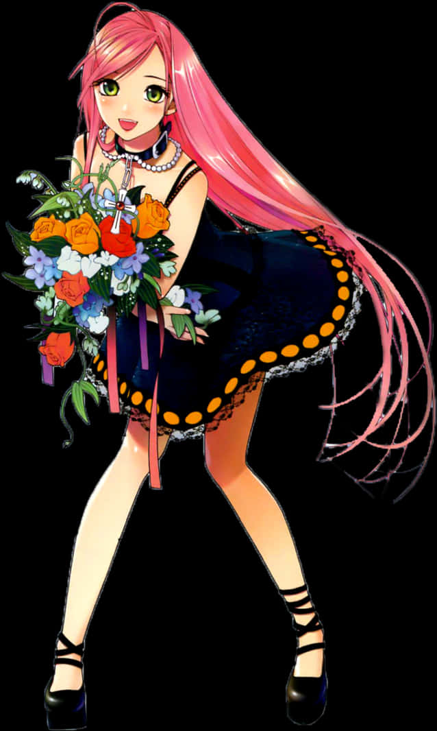 Pink Haired Anime Girlwith Flowers PNG image