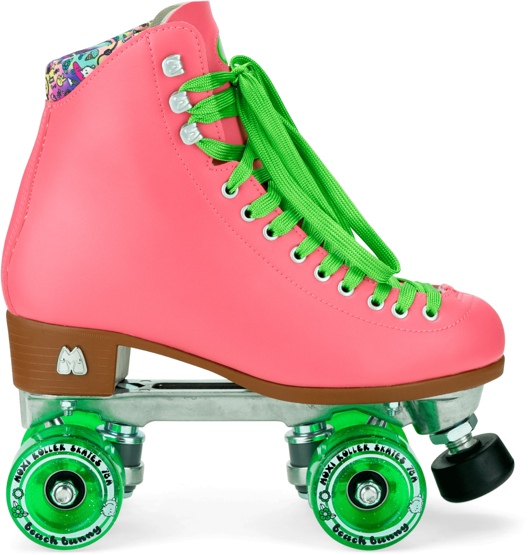 Pink Roller Skatewith Green Lacesand Wheels PNG image