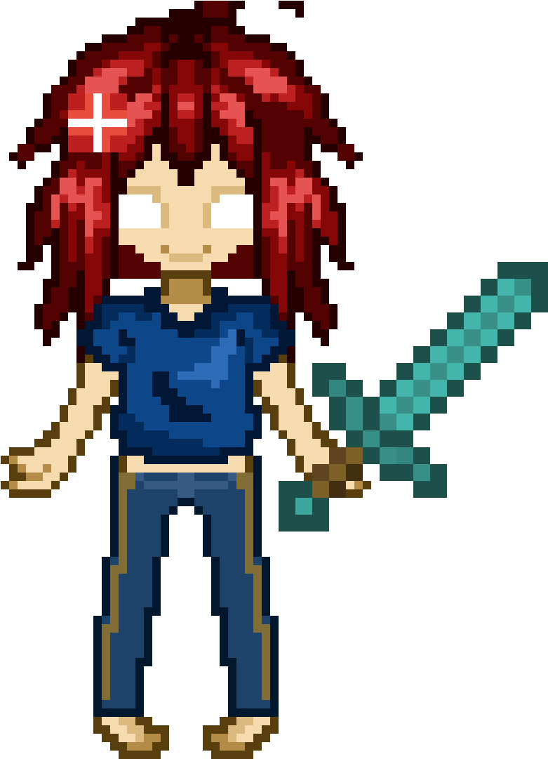 Pixel Art Character With Diamond Sword PNG image