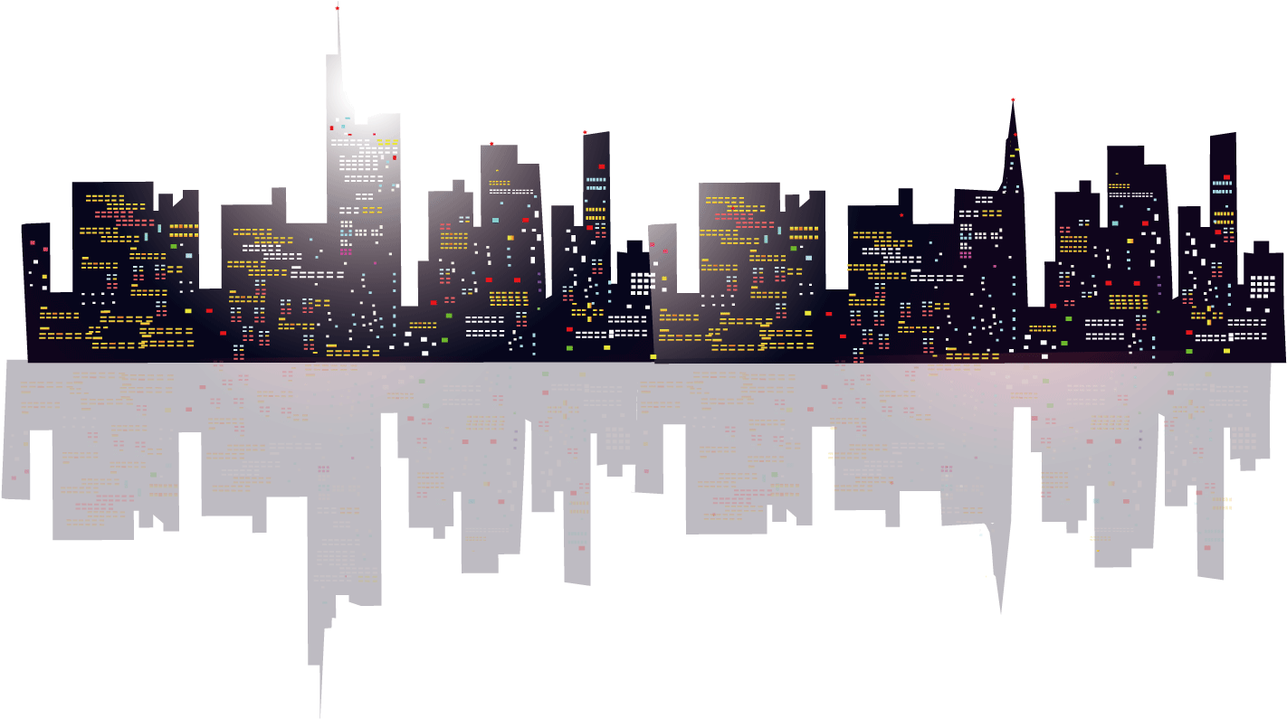 Pixelated City Skyline Reflection PNG image