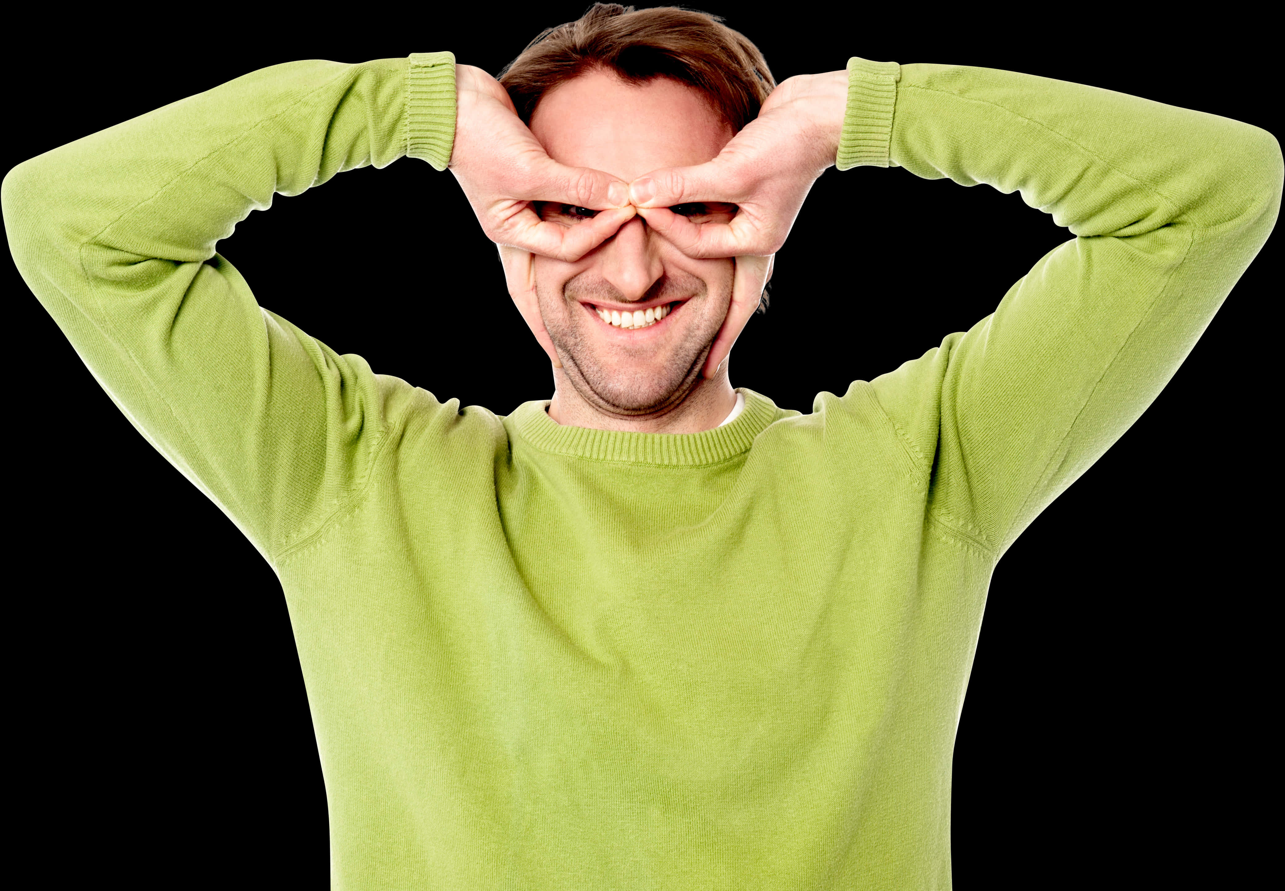 Playful Goggles Gesture Man Green Sweater PNG image