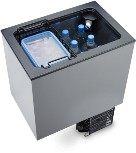 Portable Fridgewith Drinksand Ice Tray PNG image