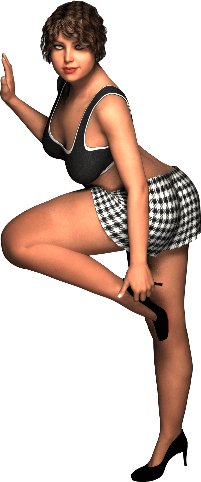 Posing_ Figure_in_ Checkered_ Skirt_and_ Black_ Top PNG image