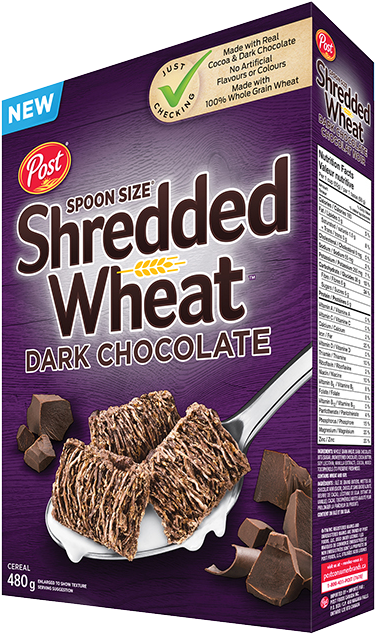 Post Shredded Wheat Dark Chocolate Cereal Box PNG image