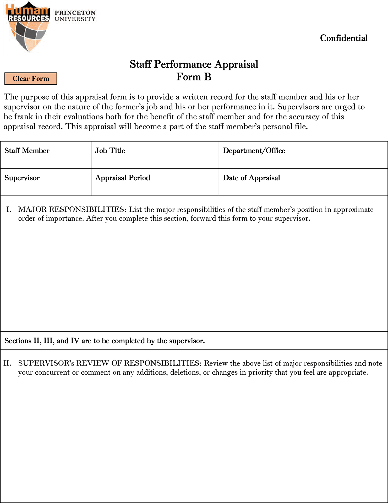 Princeton University Staff Performance Appraisal Form PNG image