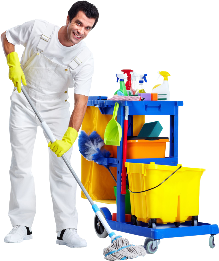 Professional Cleaner With Equipment Cart PNG image