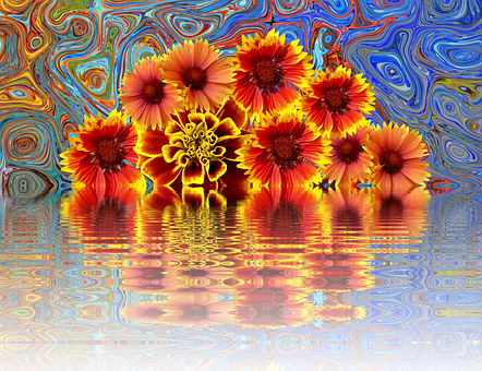 Psychedelic Summer Flowers Reflection PNG image