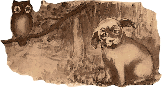 Puppyand Owl Friends Sepia Artwork PNG image