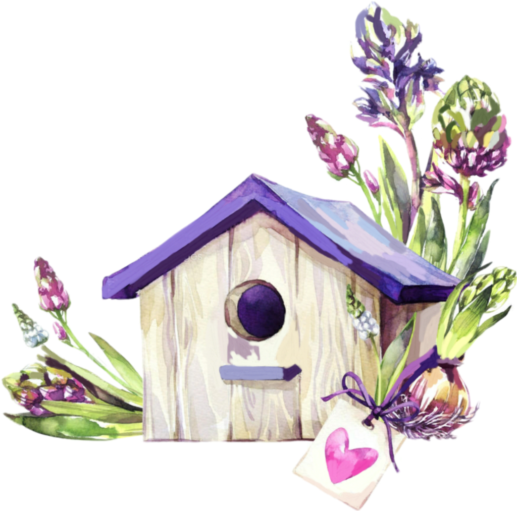 Purple Flowered Birdhouse Illustration PNG image