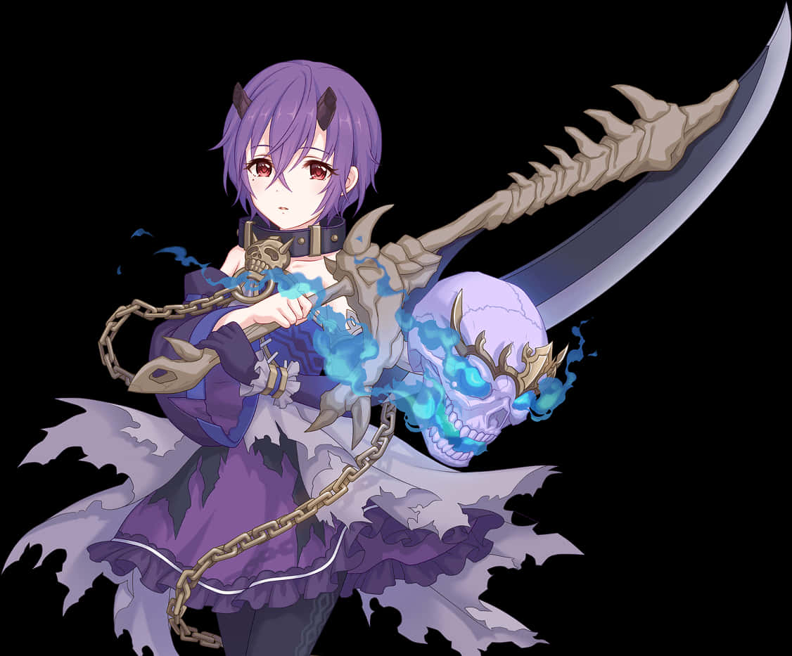 Purple Haired Anime Character With Skull Weapon PNG image