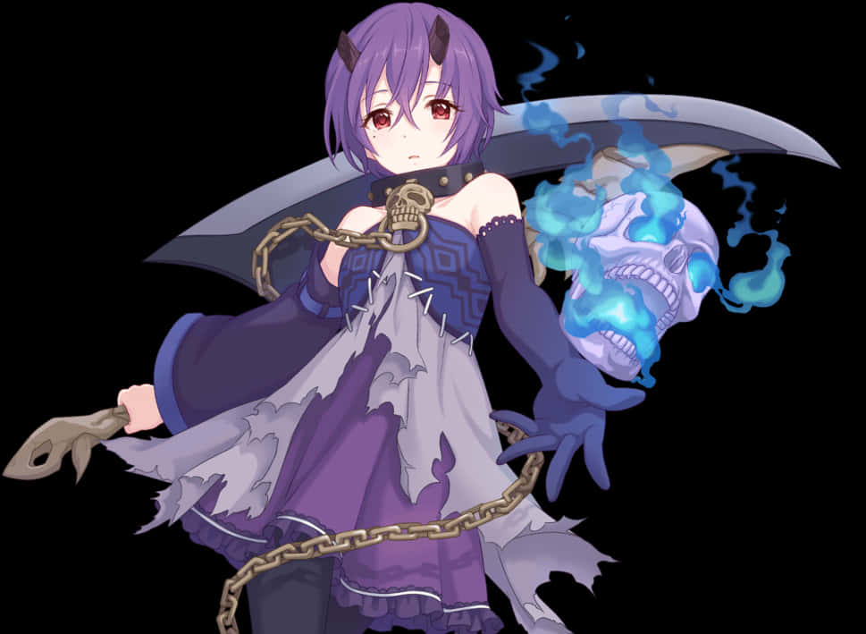 Purple Haired Anime Character With Skulland Flames PNG image