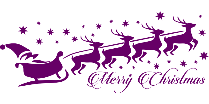 Purple Silhouette Santa Sleigh Reindeer Stars PNG image