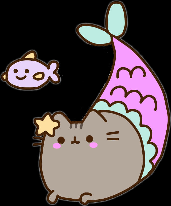 Pusheen Mermaidand Fish Friend PNG image